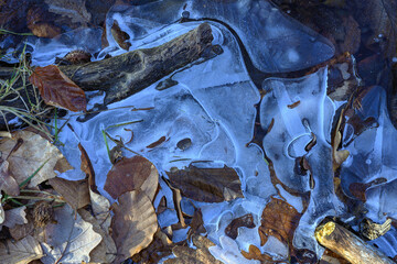 Strukturen bei Frost in Eispfütze, kalte farben