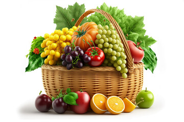 Basket with fresh fruits and vegetables on white background. Generative ai.