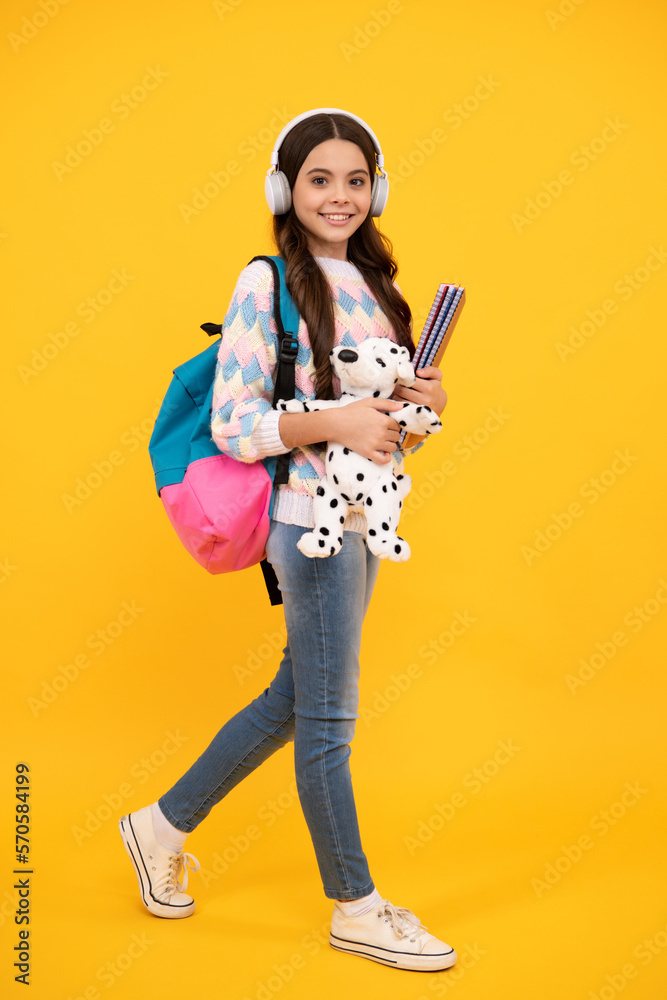 Sticker schoolchild, teenage student girl with toy on isolated studio background. school and education conce