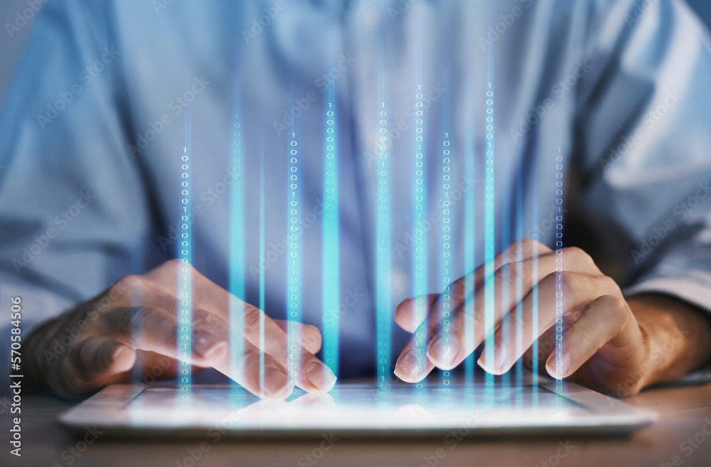 Aufkleber Hands, tablet and office with man in night for web design, planning and innovation on app ui. Developer, mobile touchscreen and development or software, website ux and big data for programming job