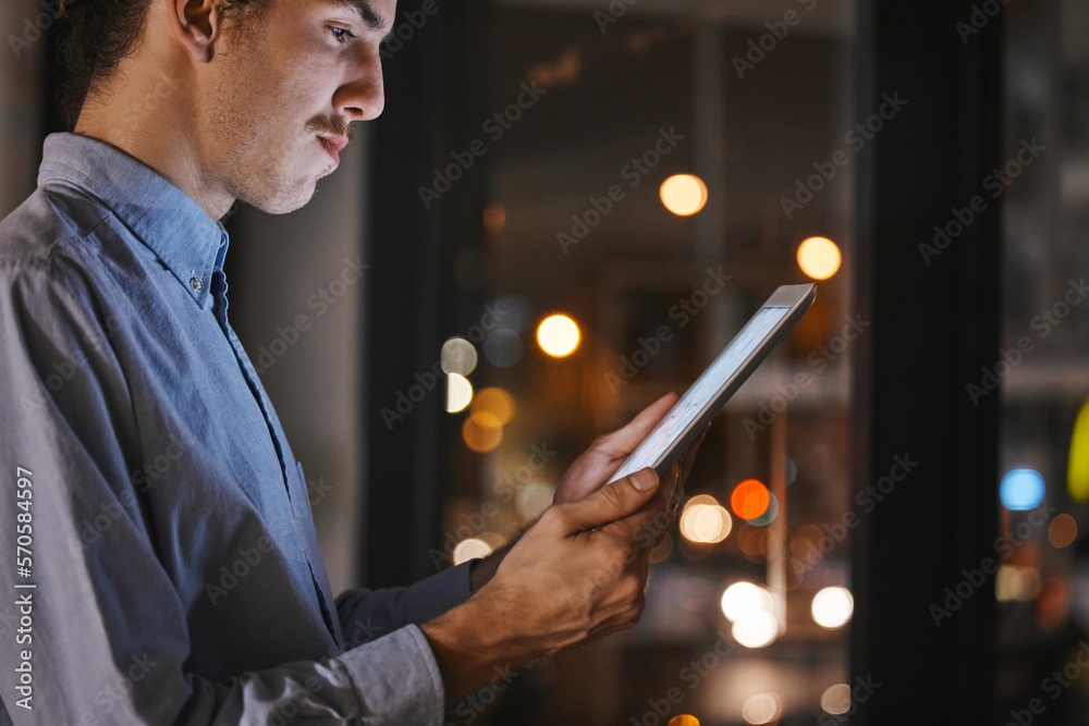 Poster businessman, night and office with tablet in hands for research, market analysis and communication a