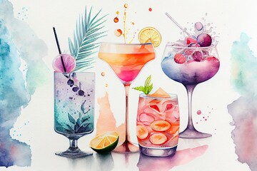 Colorful beach tropical summer alcohol cocktails, watercolor illustraion. Generative AI