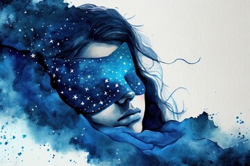 Watercolor painting of beautiful woman in sleeping mask with stars print lying in bed on soft pillow, watching dreams. Generative AI