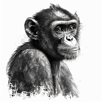Hand-drawn black and white sketch monkey. Generative AI
