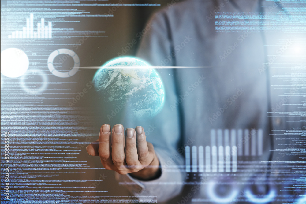 Poster Hands, 3D hologram and global networking in analytics for futuristic world development in double exposure. Hand of person with digital innovation or virtual globe for statistical analysis on overlay