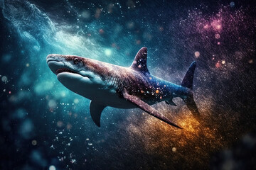 Shark in space, milky way, colorful. Generative AI.