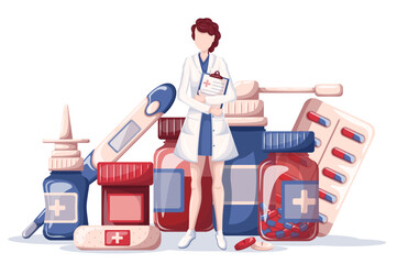 The Doctor and different medicaments. Medicine, pharmacy and healthcare concept. Isolated vector illustration for flyer, poster, banner.