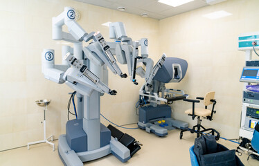 Da vinci robot in hospital ward. Modern robot for surgery procedure.