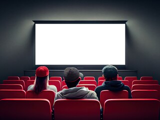Movie theater blank screen mock up, cinema with red seats template. Generative AI