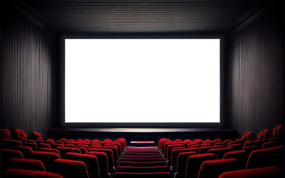 Movie theater blank screen mock up, cinema with red seats template. Generative AI