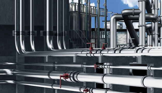 Steel pipes of chemical factory. Pipeline near building. Chemical industry. Exterior of oil refinery. Pipes for supplying fuel to factory. Petrochemical production. Pipes near factory wall. 3d image.