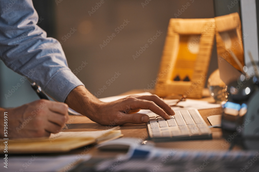 Leinwandbilder Business man, hands and writing, keyboard zoom and data with analytics and IT code, work overtime with deadline. Working night, email and programming, checklist with digital notes and software update