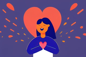 Minimalist illustration of young woman expressing self love. Mental health, self care, kindness concept. Generative AI