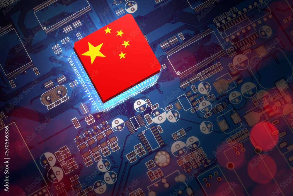 Poster digital board with china flag. electronic board of chinese origin. prc symbol on microprocessor. pcb