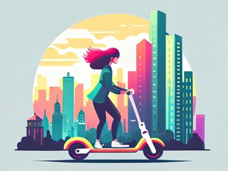 Woman riding electric scooter on city background, cartoon flat illustration. Generative AI
