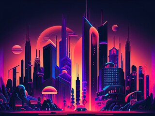 Flat illustration of futuristic city in neon colors. Generative AI