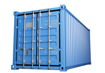 Blue twenty foot container. Long term storage container. Tare for transporting cargo on ship. Container 20 feet isolated on white. Ship tare visualization. Cargo box with capacity info. 3d image