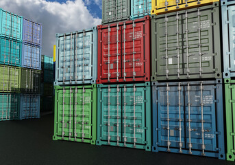 Export containers are waiting to be shipped. Concept of sale of containers for freight. Export containers of different colors. Warehouse goods awaiting transportation. Export infrastructure. 3d image