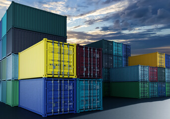 Fototapeta premium Industrial area with containers waiting to be transported. Warehouse area of industrial enterprise. Twenty foot outdoor storage containers. Concept containers production. 3d image.