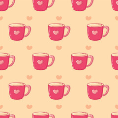 Vector romantic love background with hearts and a cup in pastel colors. Design for Valentine's Day. Template for website, fabric printing, postcards, linens, children's clothing and gift wrap, fashion