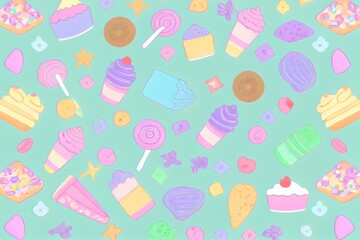 Flat illustration of set of colorful cupcakes and candies. Generative AI