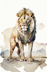 A watercolor painting of lion in the middle of a big white field on white background. Generative AI.
