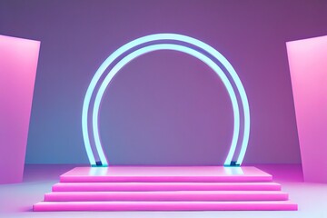 Neon pink arch in empty room, template or mockup for beauty product. Generative AI