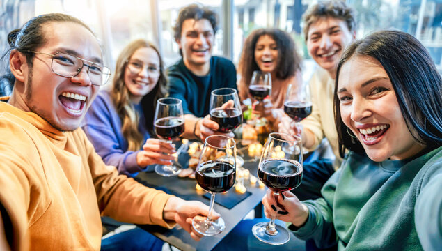 Multiracial friends group taking selfie at home dinner time - Happy woman and men take a picture together while toasting red wine at bar restaurant in happy hour time - Friendship concept