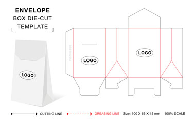 Gift envelope box die cut template with 3D blank vector mockup