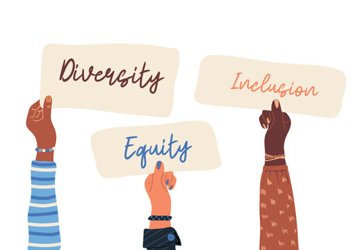 Hands Of People Multi Ethnic Races Holding Placards With Text. Diversity, Inclusion And Equity Concept. Racial Equality And Anti-racism. Multicultural Society. Vector Illustration