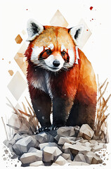 A watercolor painting of red panda in the middle of a big white field on white background. Generative AI.
