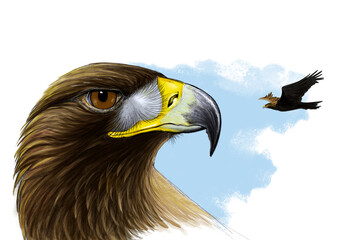Ilustración realista de águila real con detalle de la cabeza y el ave planeando vistas de lado y en vuelo Aquila chrysaetos.