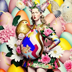 Collage with eggs, Rabbits  and a girl made with Generative AI