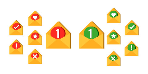 3d set of envelopes with different signs. Office document or message. 3D Web Vector Illustrations.