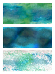 Set of watercolor backgrounds with paper texture with fine grain, blue, green, emerald colors... Vectorized textures with space for text or image.