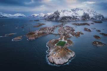 Aerial view of village Henningsvaer in winter, a famous fishing village on Lofoten Islands in Norway