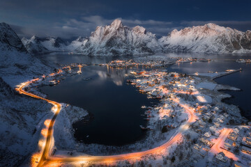Aerial view of Reine in winter, a famous fishing village on Lofoten Islands in Norway