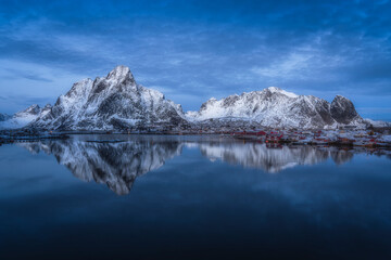 Natural landscapes in winter at dusk in Reine village, one of the most popular village in Lofoten Islands, Norway