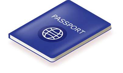Vector blue international passport cover design template isolated on white background. Blue Passport 3d icon with white earth globe and shadow. 3d isometric passport