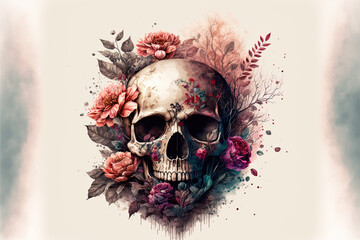 Detailed watercolor illustration of a skull surrounded by flowers. Generative AI