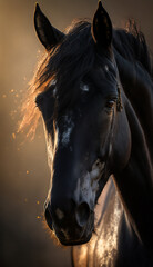 Portrait of a black horse during golden hour. Beautiful wildlife and family photos, wallpaper, poster created with help of generative ai. 