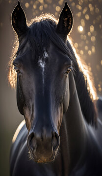 Portrait of a black horse during golden hour. Beautiful wildlife and family photos, wallpaper, poster created with help of generative ai. 