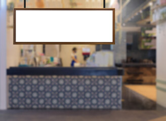 Blank mock up for menu board display screen, for restaurant cafe food business. Warm cozy atmosphere.