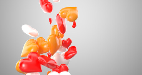 Flying up Valentine’s Day festive red balloons. Abstract romantic greeting background. Romantic valentine's day background. Happy Valentine's Day. 4K Beautiful 3D Render