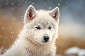 Obraz premium Cute white wolf puppy playing in winter snow portrait Generative AI