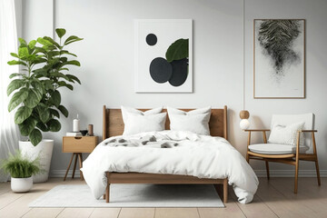 Bedroom with wooden bed and green plants. Generative ai interior design.