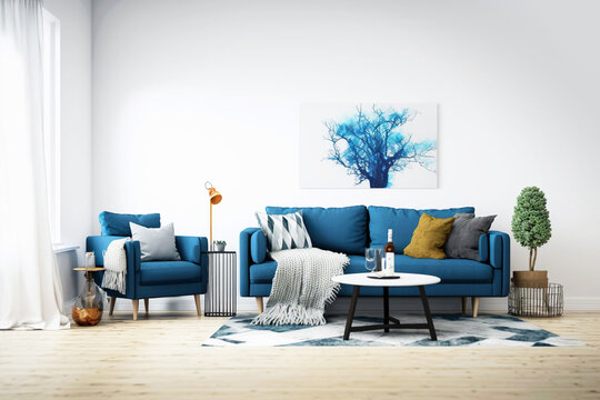 Modern living room with big wall. Generative ai interior design.