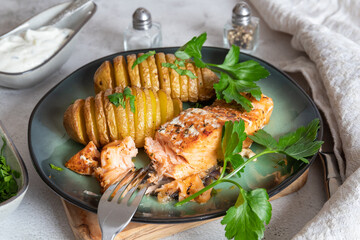 Cut potatoes and bake in the oven on the tray.