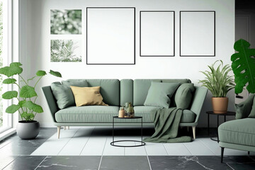 Living room with green couch. Generative ai interior design.