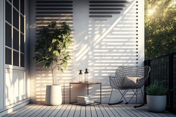 Modern contemporary loft style outdoor terrace 3d render, decorate with wicker chair ,sunlight and tree shadow on the wall generative ai